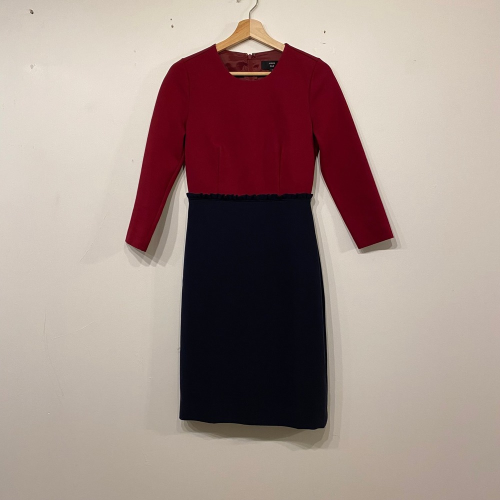 J.Crew 365 Colorblock Ruffle Waist Sheath Office Work Dress Red Navy 0